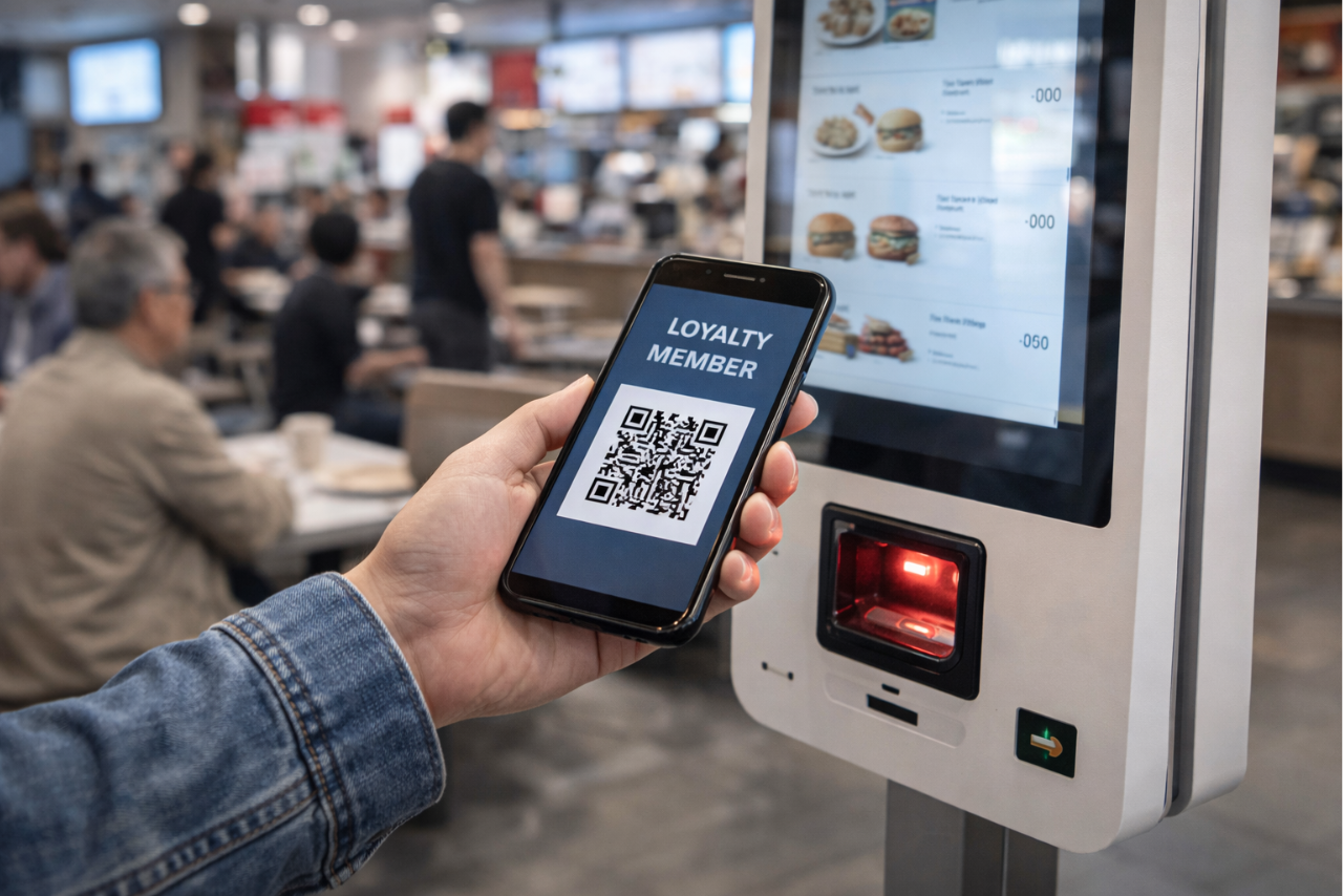 Embedded kiosk scanners enable seamless self-ordering and instant loyalty redemptions.